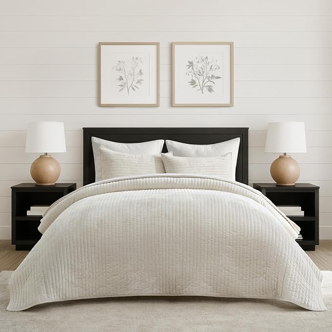 EVERGRACE Velvet Quilt Set Queen Size, Luxurious Soft Striped Channel Bedding by EverGrace