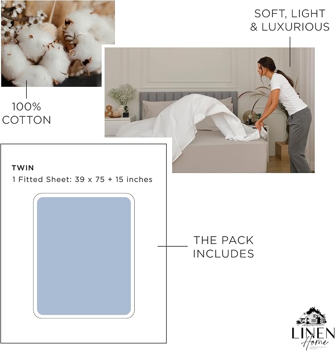 Linen Home 100% Cotton Percale Weave Fitted Sheet, Twin Size, Baby Blue - Image 6