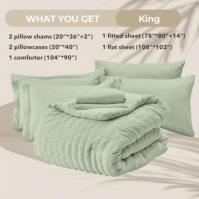 HYMOKEGE Light Green King Size Comforter Set Seersucker 7 Pieces, All Season - Image 5
