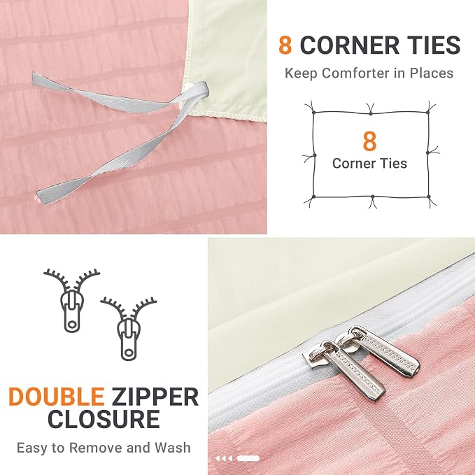 HYMOKEGE Pink/Ivory Duvet Cover Queen Size, Ultra Soft 3-Piece Seersucker Duvet - Image 5