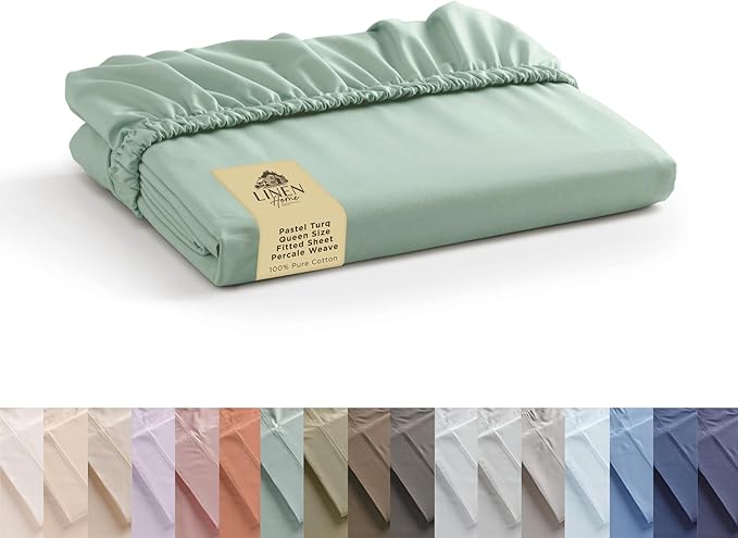 100% Cotton Percale Queen Fitted Sheet, Pastel Turk, 1 Deep Pocket Fitted Sheet by LINENHOME