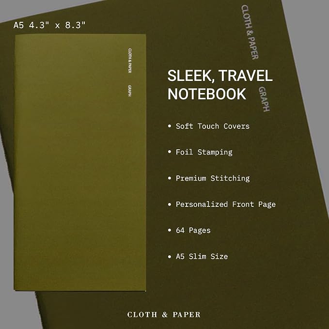 Cloth & Paper Travel Notebook | Graph Notebook – Olive | A5 Slim Grid Paper - Image 3