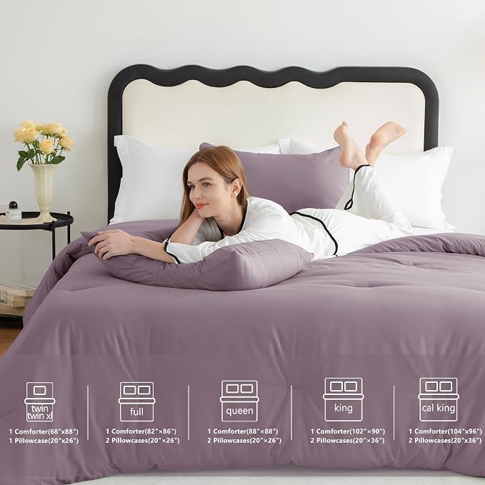 CozyLux California King Comforter Set Dusty Purple, 3 Pieces Cal King Solid - Image 7