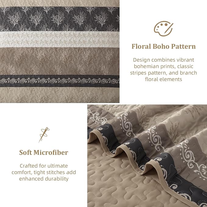 DJY Beige Quilt Set King Size Striped Bedspread Coverlet Set 3 Pieces Boho - Image 6