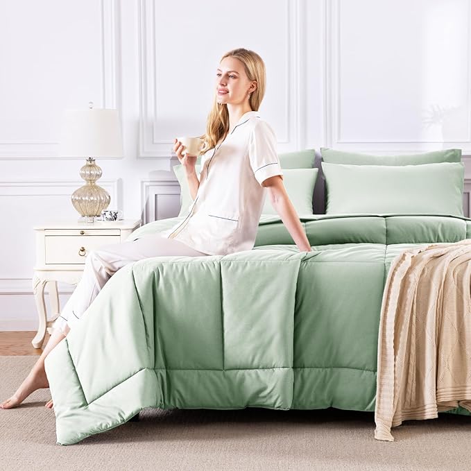 CozyLux Full Size Comforter Sets Sage Green, 7 Pieces Bed in a Bag, All Season - Image 7