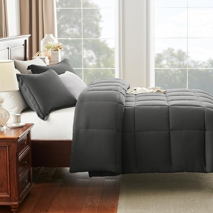 CozyLux Oversized Queen Comforter Set, 3 Pieces Dark Grey 98x98 Box Stitched - Image 8