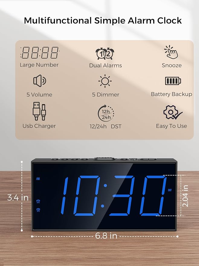 Large Display Alarm Clock for Bedroom, Dual Alarm for Couples, 5-Level Dimmer - Image 2