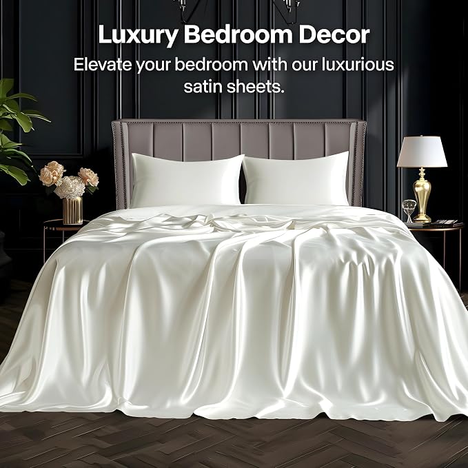BEDELITE California King Sheets Set, Luxury Soft Ivory White Satin Sheets - Image 2