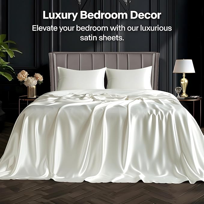 BEDELITE Satin Sheets Queen Size Bed Set, Luxury Soft Ivory White Silky Sheets - Image 2