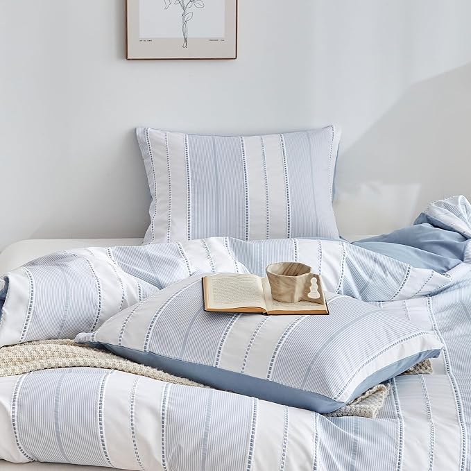 WARMDERN Blue Striped Weave Duvet Cover King Size, Microfiber Textured Bedding - Image 4