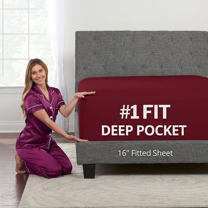 Burgundy Queen Deep Pocket Fitted Sheet 16' Deep, Fits 14'18' Mattresses by DeaLuxeBedding