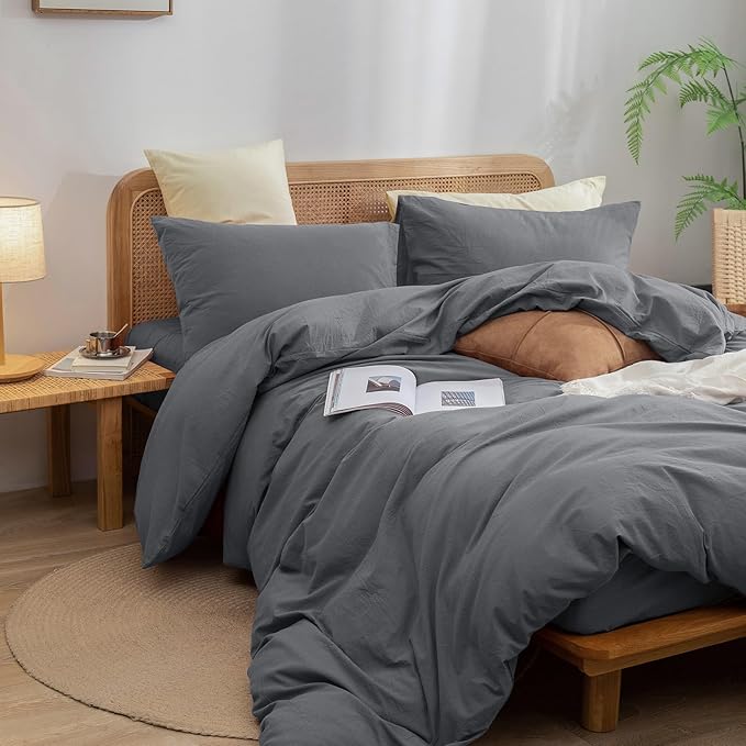 BESTOUCH Duvet Cover Set 100% Washed Cotton Linen Feel Super Soft Comfortable - Image 5
