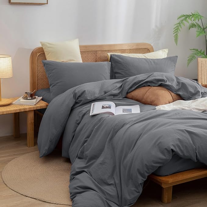 BESTOUCH Duvet Cover Set 100% Washed Cotton Linen Feel Super Soft Comfortable - Image 5