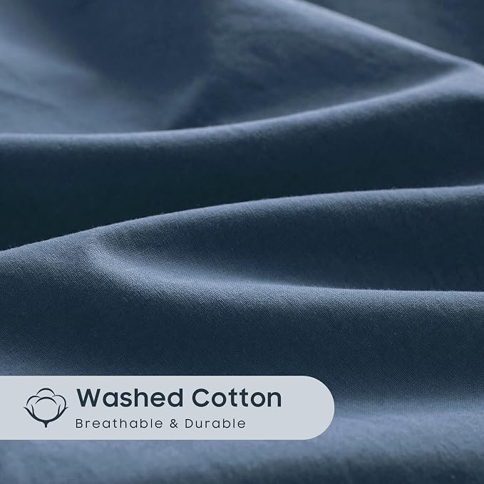 Wake In Cloud - Cotton Duvet Cover Set, Full Size, Dark Navy Blue, 100% Washed - Image 6