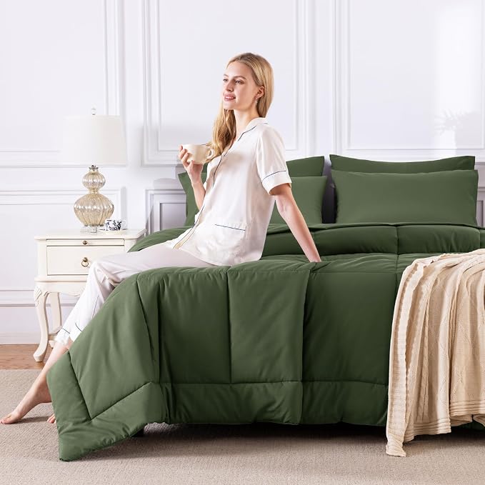 CozyLux King Size Comforter Set Olive Green, 7 Pieces Bed in a Bag, All Season - Image 7