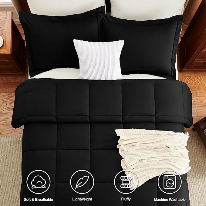 CozyLux Oversized Queen Comforter Set, 3 Pieces Black 98x98 Box Stitched Design - Image 4