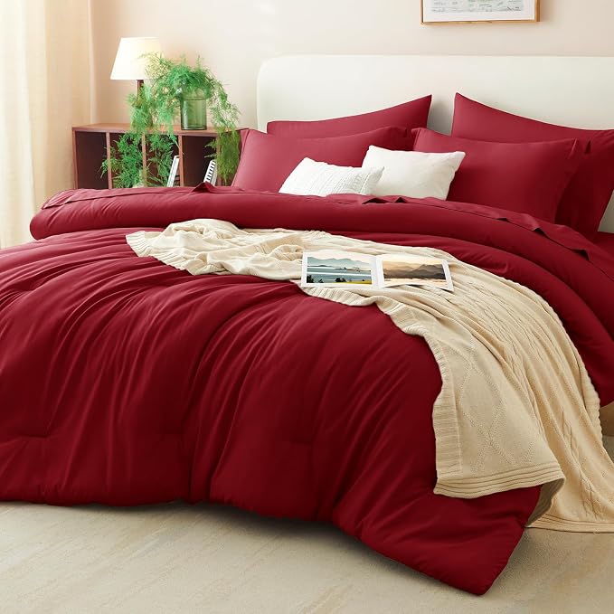 CozyLux Full Size Comforter Sets Dark Red, 7 Pieces Bed in a Bag Full Comforter by CozyLux