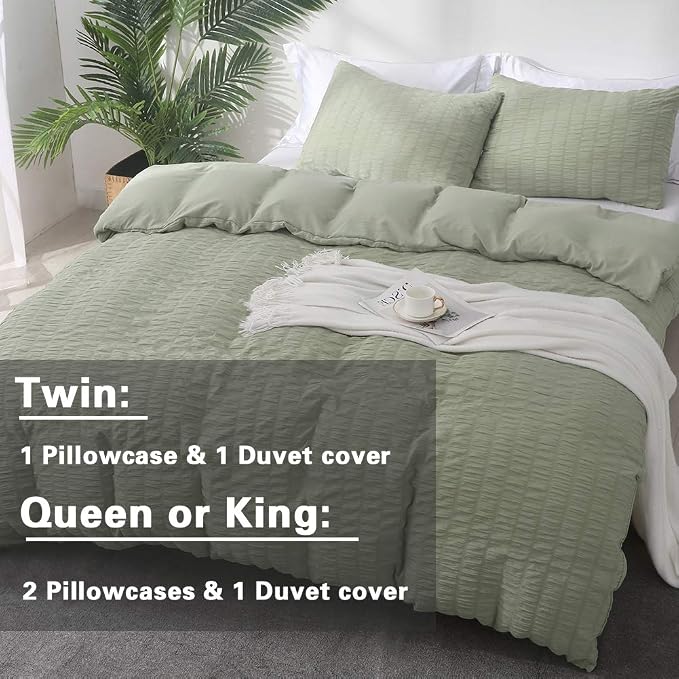 AveLom Green Duvet Cover King, 3 Pieces, Seersucker Tripe Soft Washed - Image 6