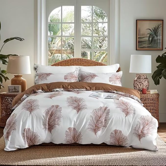 OAITE Duvet Cover King Size, Reversible Leaf Brown Duvet Cover Set by OAITE