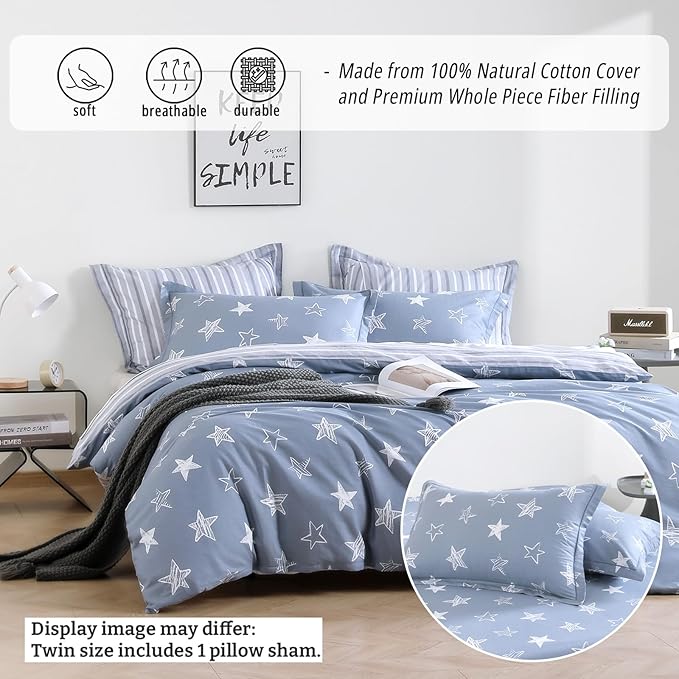 LEMIROE Blue Cotton Comforter Twin Size 2Pcs - Image 2