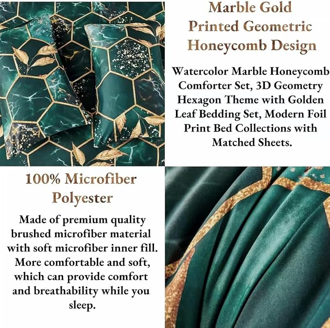 Nanko Emerald Dark Green Gold Printed Queen Size Comforter Set 3 Pcs - Image 4