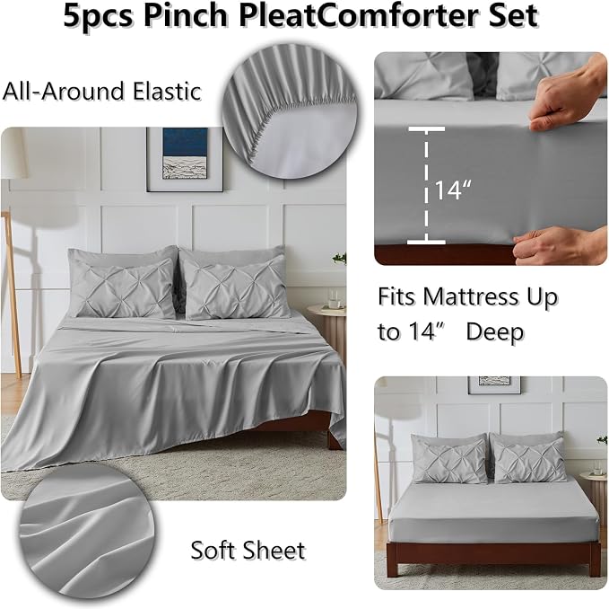 CozyLux Twin XL Comforter Set Light Grey, 5 Pieces Twin Extra Long Pintuck Bed - Image 6