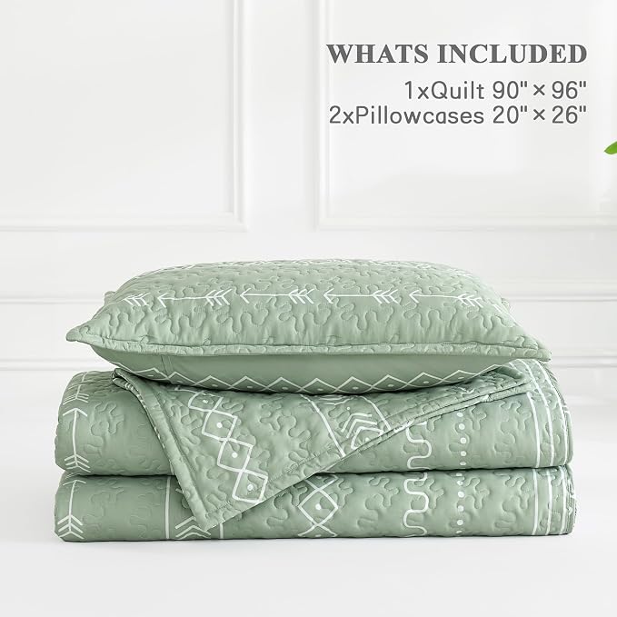 Andency Sage Green Quilts Queen Size, 3 Pieces Queen Quilt Bedding Set Boho - Image 8