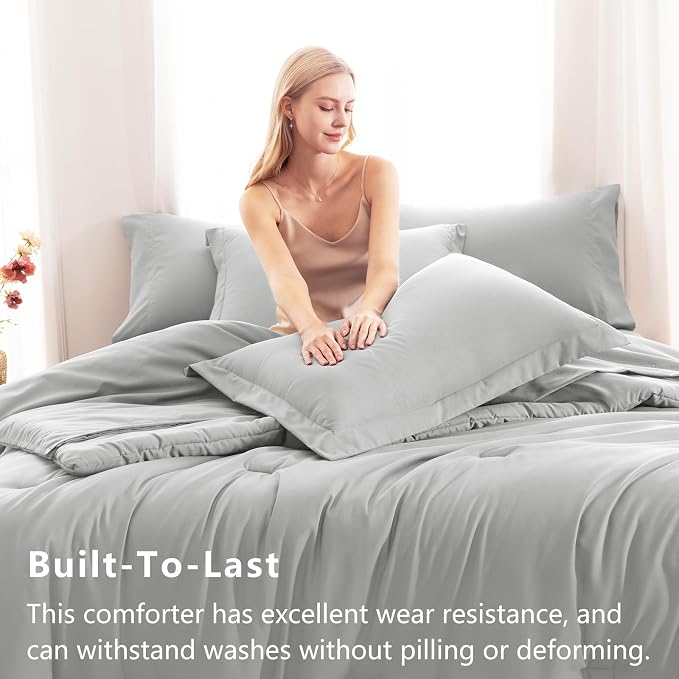 CozyLux King Size Comforter Set Light Grey, 7 Pieces Bed in a Bag King - Image 3