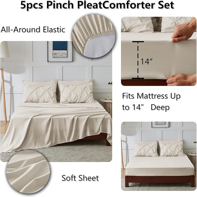 CozyLux Twin XL Comforter Set Beige, 5 Pieces Twin Extra Long Pintuck Bed in A - Image 6