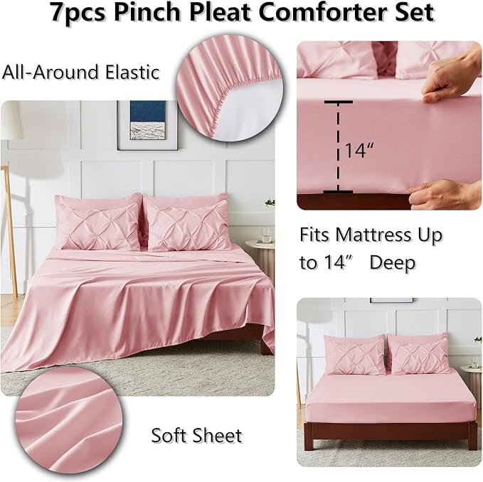 CozyLux Full Size Comforter Sets Pink, 7 Pieces Pintuck Bed in A Bag Pink - Image 5