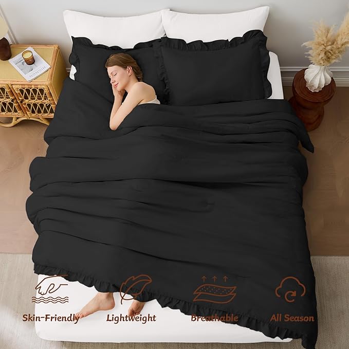 FUANNA King Size Comforter Set Black, 3 Pieces Ruffle King Bedding Set - Image 2