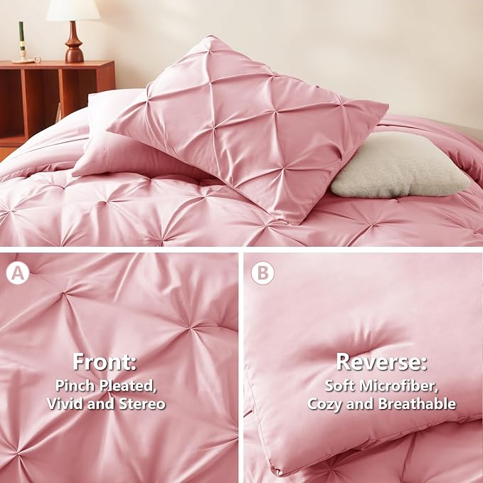 HIMEET Pintuck Bed in a Bag, 7 Pieces Full Size Comforter Set Pink, Luxury - Image 3