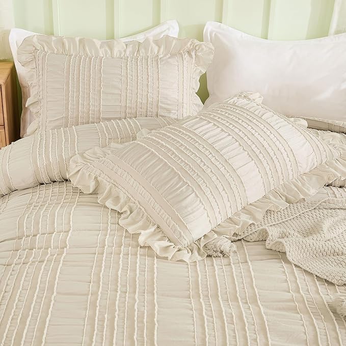 WONGS BEDDING Beige Ruffle Queen Comforter, Boho Shabby Chic Bedding - Image 6