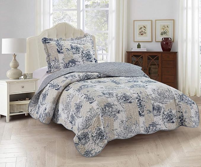 Brilliant Sunshine Blue Toile in Beige and Ivory Patches, 2-Piece Quilt Set by BrilliantSunshine
