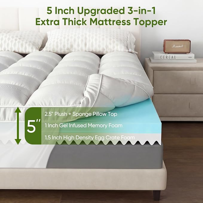 Extra Thick Memory Foam Mattress Topper Queen-5" Dual Layer - Image 2
