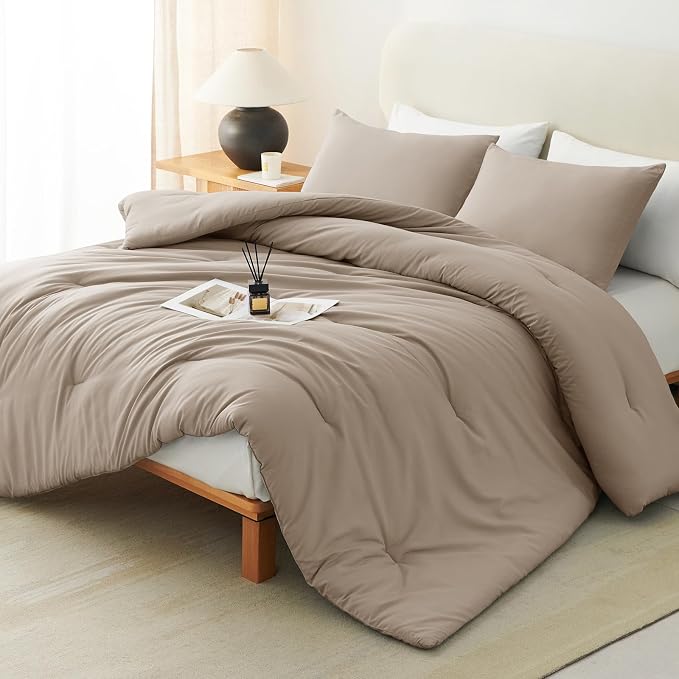 CozyLux Queen Comforter Set Khaki, 3 Pieces Solid Comforters Queen Size by CozyLux