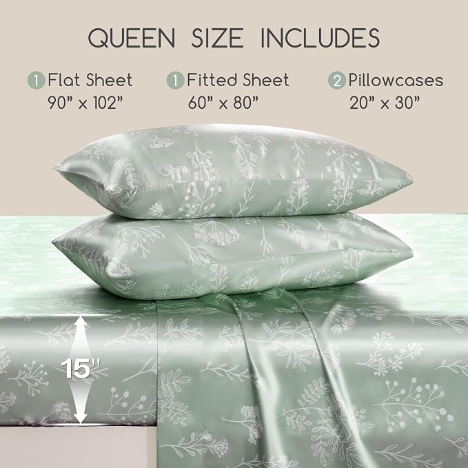 MR&HM Satin Bed Sheets with Elastic Corner Straps, Queen Size Sheets Set - Image 2