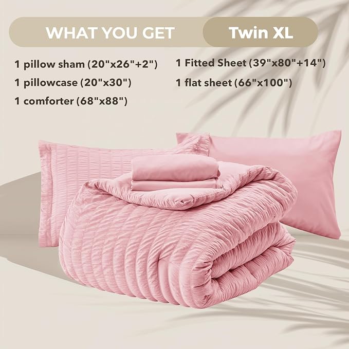 HYMOKEGE Pink Twin XL Comforter Set Seersucker 5 Pieces, All Season Luxury Bed - Image 5