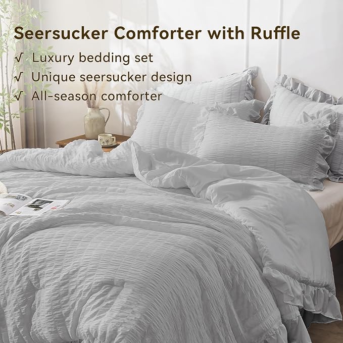 JOLLYVOGUE Light Grey King Comforter Set, 3 Pieces Seersucker Comforters King - Image 4