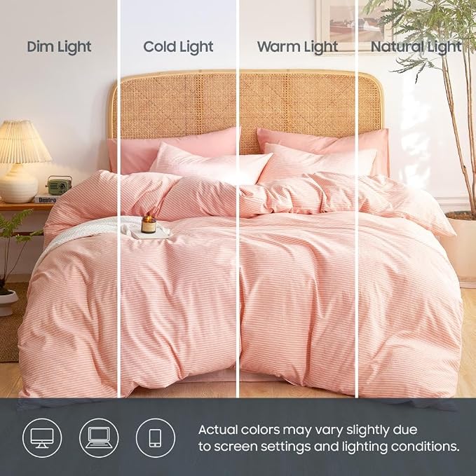Wake In Cloud - Striped Cotton Duvet Cover Set, 100% Washed Cotton Textured - Image 5