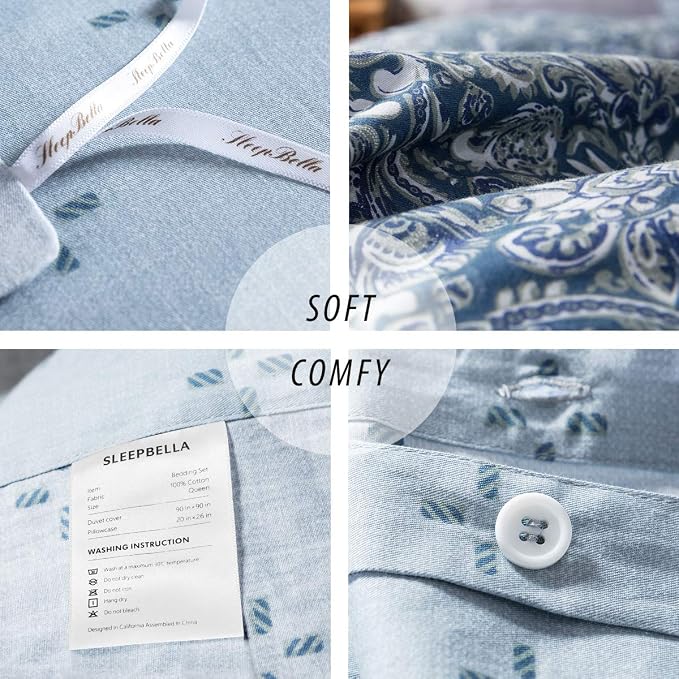 SLEEPBELLA Duvet Cover Queen, 600 Thread Count Cotton Blue & Green Paisley - Image 6