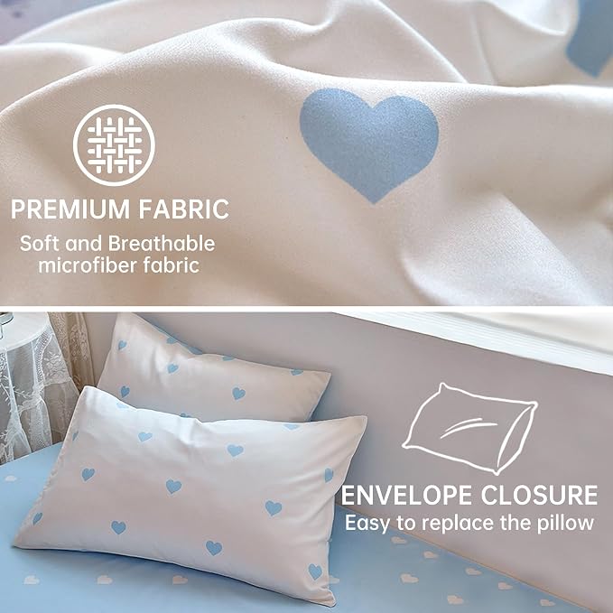 BOLINLIVING Cute Duvet Cover Queen Size, Reversible Light Blue & White Heart - Image 5