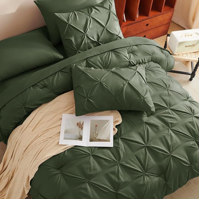 CozyLux King Size Comforter Set Olive Green, 7 Pieces Pintuck Bed in A Bag - Image 4