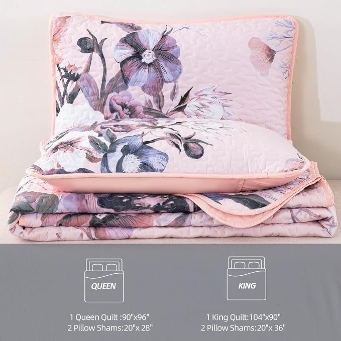 Floral Quilt Set Queen 3 Pieces Pink Floral Quilt Coverlet Set Soft Microfiber - Image 7