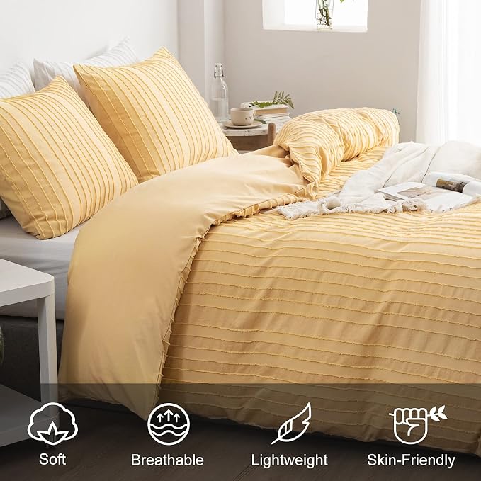 WARMDERN Yellow Boho Duvet Cover Set King Size, Striped Textured Duvet Cover - Image 3