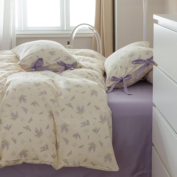 mixinni Lavender Flower Duvet Cover King Cotton Teenage Girls Flower Leaf Print - Image 4