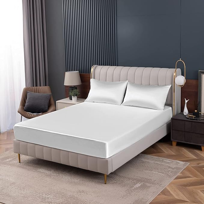 Homiest White Satin Fitted Twin XL Size Bed Sheet, Deep Pocket, Luxury & Ultra - Image 9