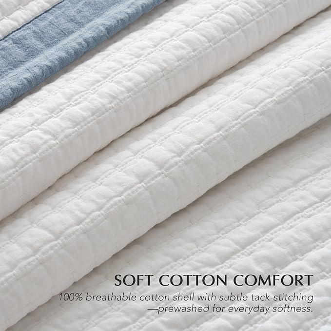 EVERGRACE Cotton Border Frame Tack-Stitch Quilt Bedding Set King Size, Coastal - Image 3