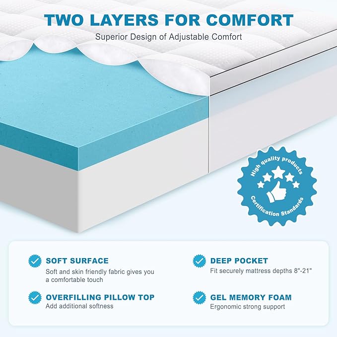 MASVIS Twin XL Size Dual Layer 4 Inch Memory Foam Mattress Topper, 2 Inch Gel - Image 2