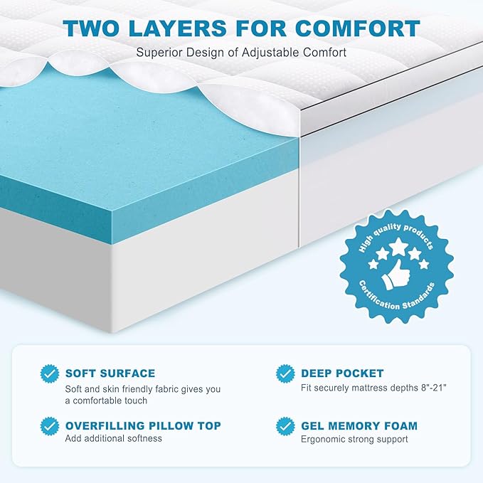 MASVIS King Size Dual Layer 4 Inch Memory Foam Mattress Topper, 2 Inch Gel - Image 2